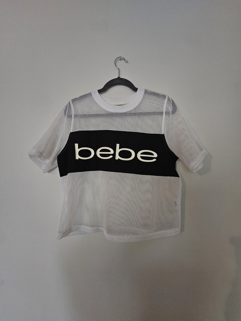 bebe White Mesh Tee with Black Logo Band